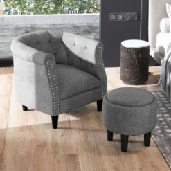 Costway Modern Accent Chair With Ottoman Armchair Barrel Sofa Chair With Footrest Grey -Quality Furniture Store GUEST 41db5b6a d838 4351 87c2 54106f517304