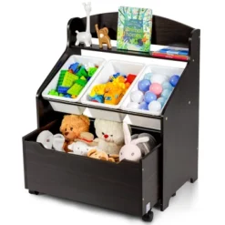 Costway Kids Wooden Toy Storage Unit Organizer W/Rolling Toy Box & Plastic Bins NaturalEspresso -Quality Furniture Store GUEST 80f5cdc8 b56c 40a6 9518 1678a6f77403