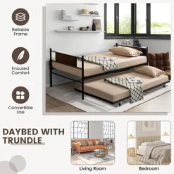 Costway Twin 2-In-1 Daybed Frame With Trundle Bed Set Steel Platform Sofa Bed Black -Quality Furniture Store GUEST 9cff8a64 03ba 49e9 9437 42d88358e946